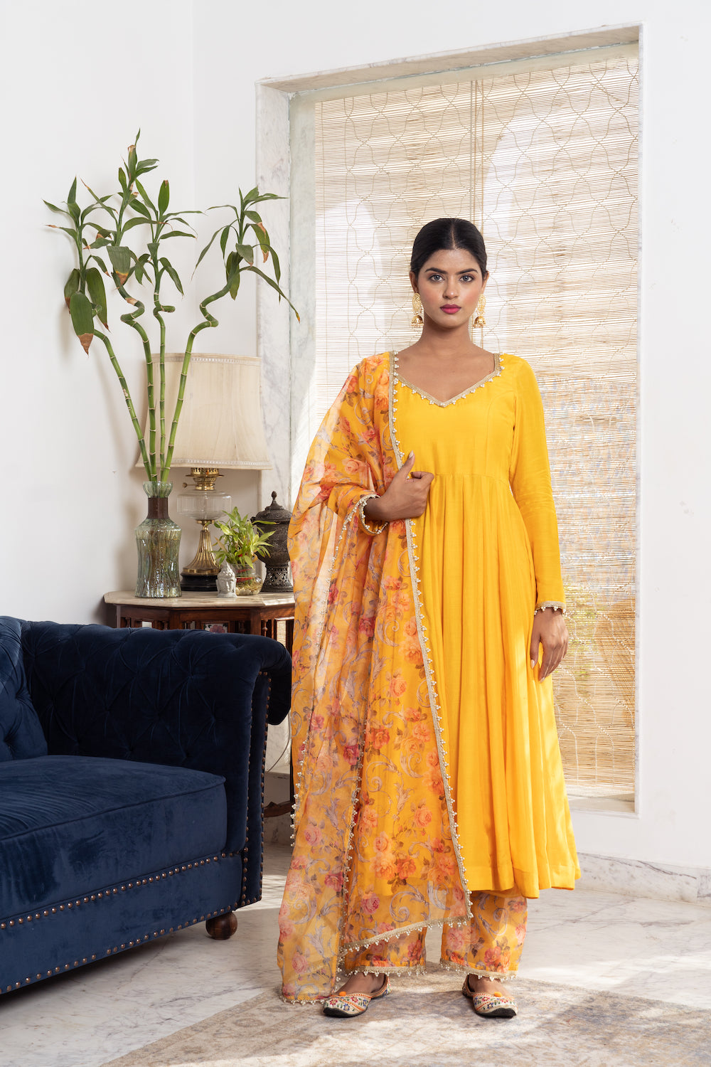 Khwabidah Yellow Anarkali with floral dupatta Set of 3