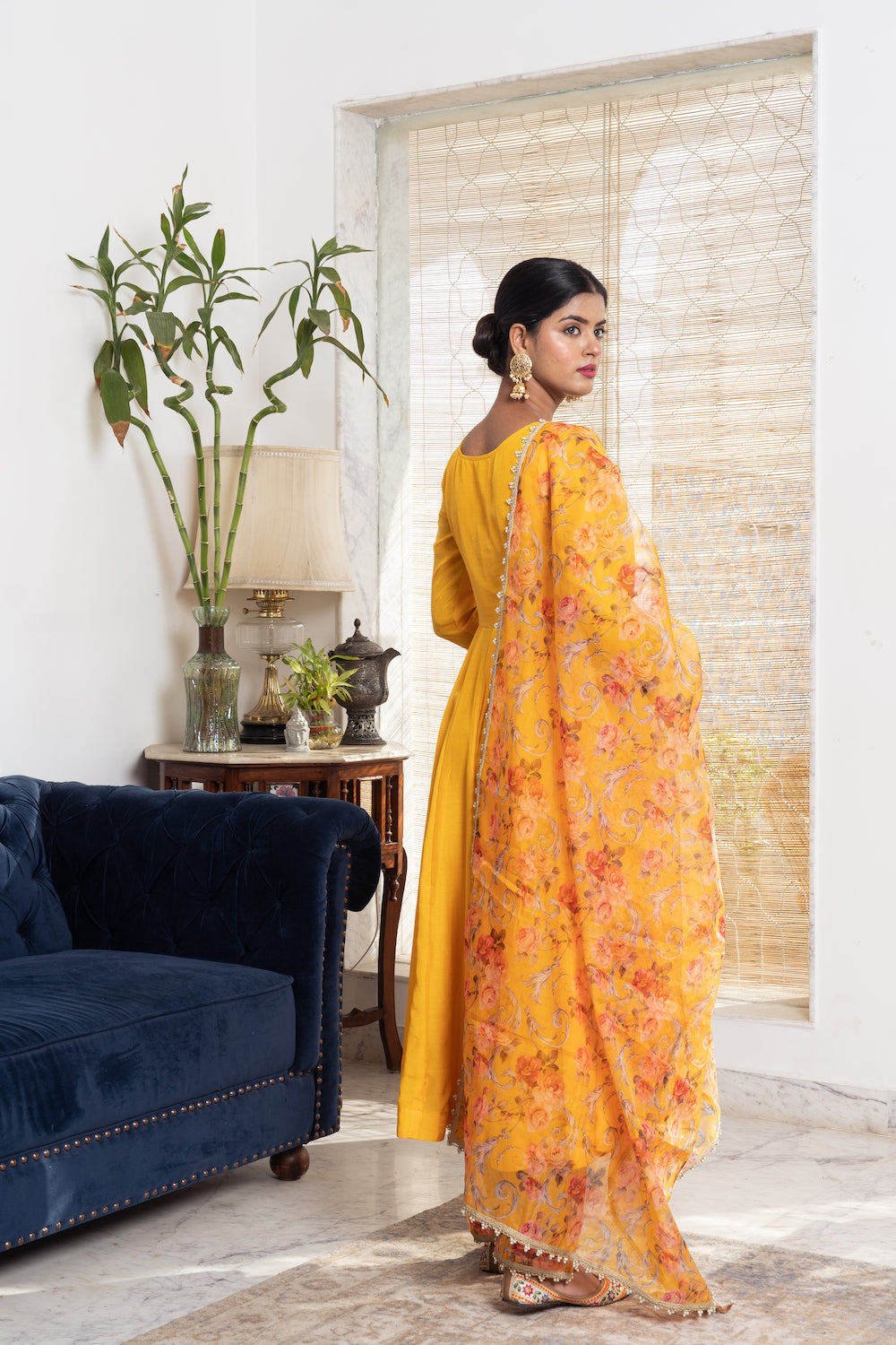 Khwabidah Yellow Anarkali with floral dupatta Set of 3