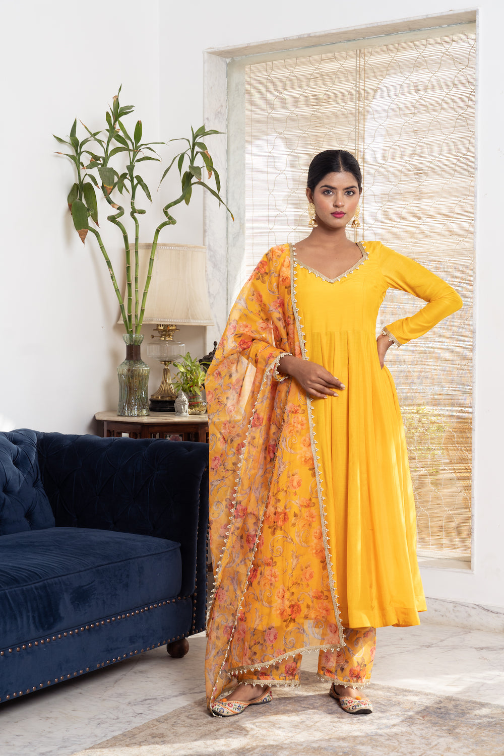 Khwabidah Yellow Anarkali with floral dupatta Set of 3
