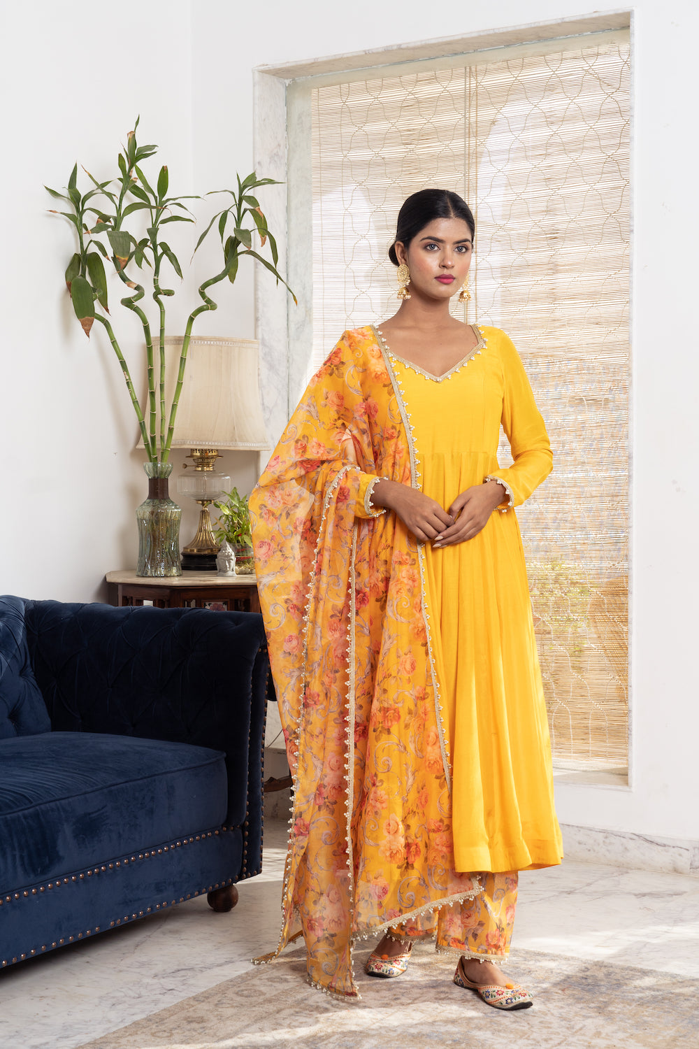 Khwabidah Yellow Anarkali with floral dupatta Set of 3