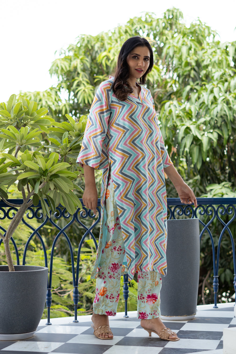 Turquoise Zigzag Kurta Set