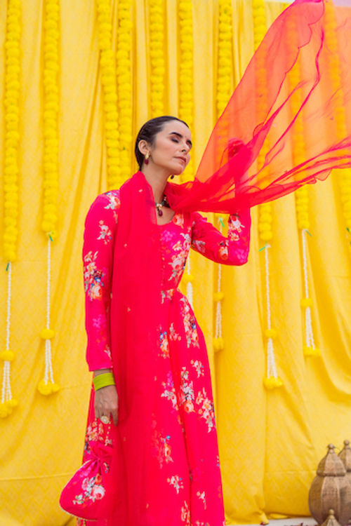 Rani Pink Printed Anarkali Set