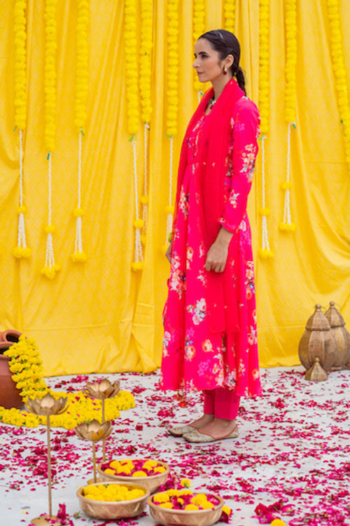 Rani Pink Printed Anarkali Set