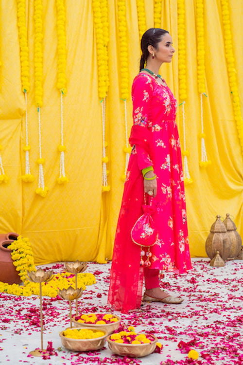 Rani Pink Printed Anarkali Set