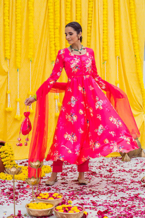 Rani Pink Printed Anarkali Set