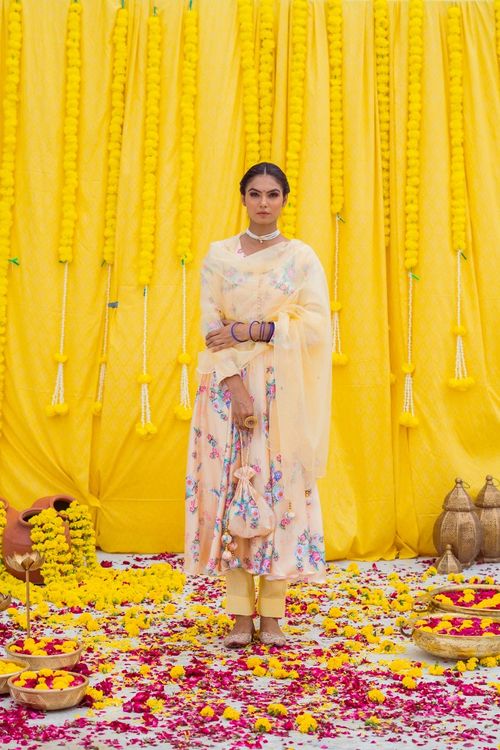 Cream Printed Anarkali Set