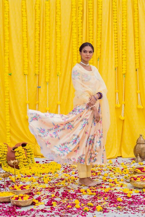 Cream Printed Anarkali Set