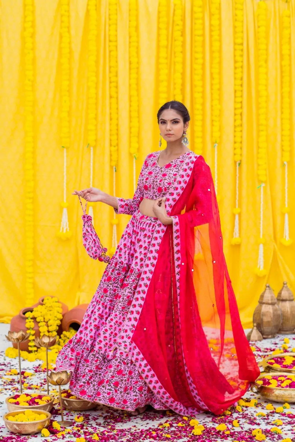 Pink hand block Lehenga Set