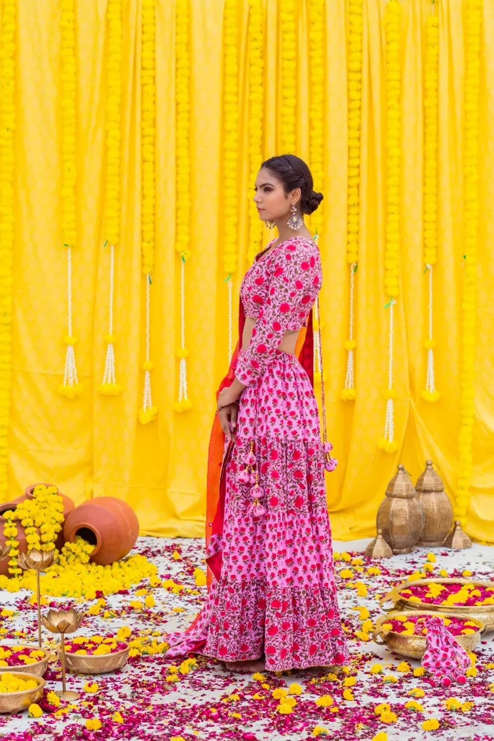 Pink hand block Lehenga Set