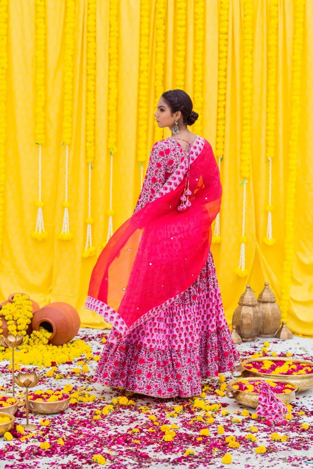 Pink hand block Lehenga Set