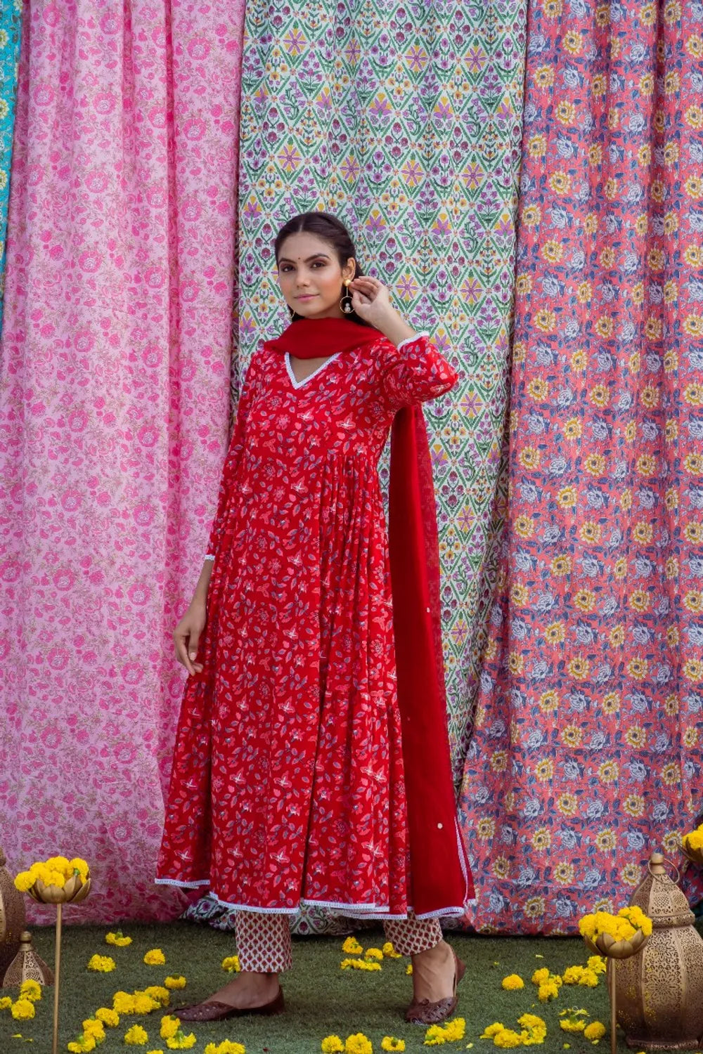 Red White Anarkali Set