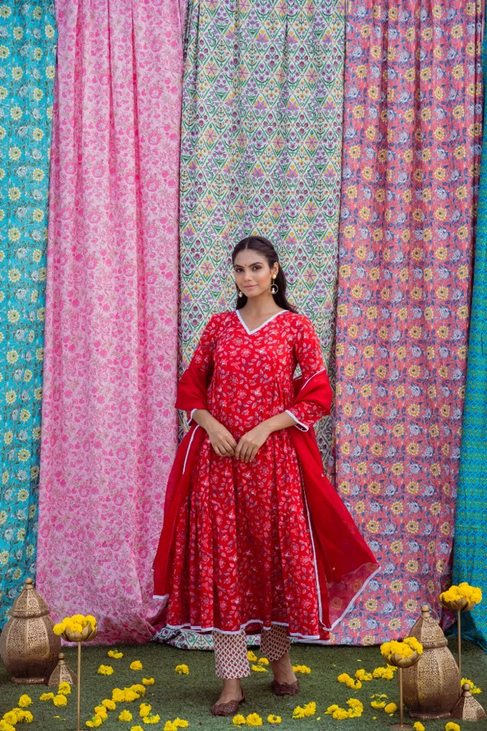 Red White Anarkali Set