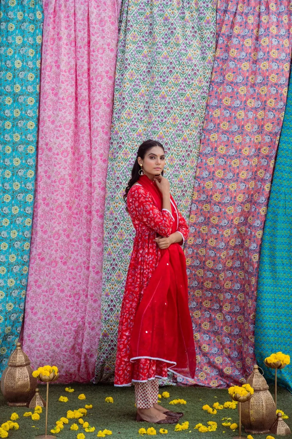 Red White Anarkali Set