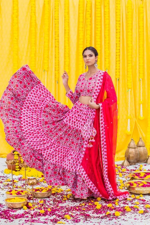 Pink hand block Lehenga Set