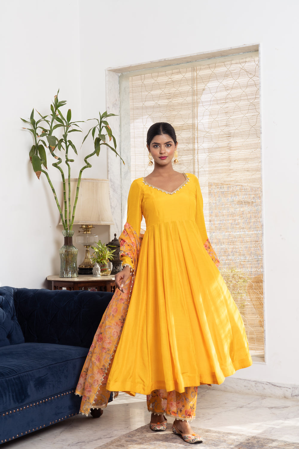 Khwabidah Yellow Anarkali with floral dupatta Set of 3