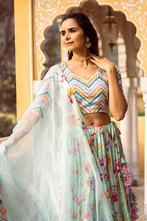 Turquoise Floral Lehenga Set