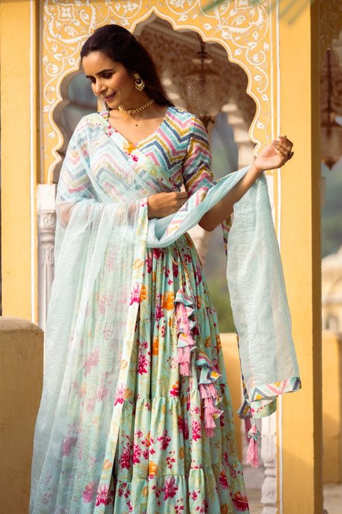 Turquoise Floral Lehenga Set
