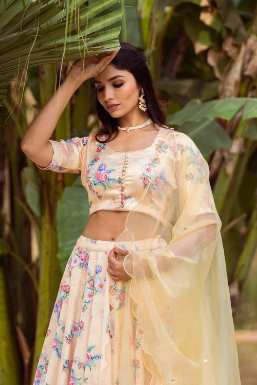Cream Printed Lehenga Set