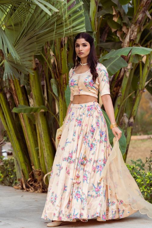 Cream Printed Lehenga Set
