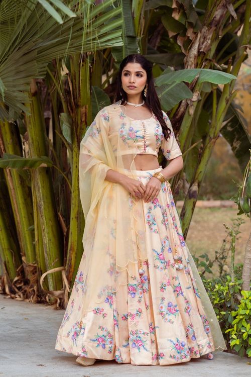Cream Printed Lehenga Set