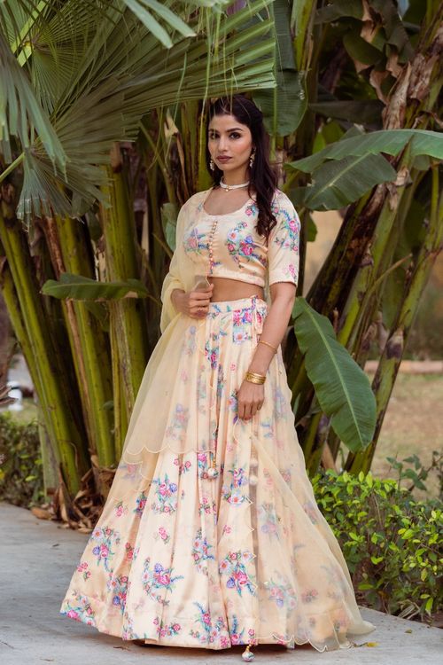 Cream Printed Lehenga Set