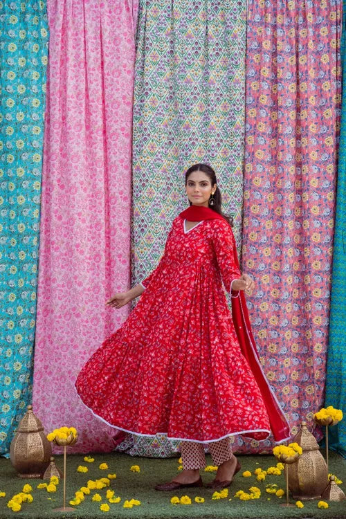Red White Anarkali Set