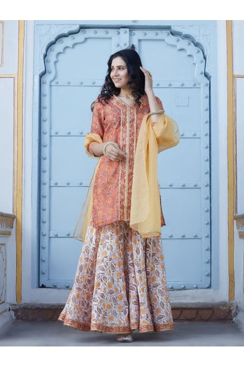 Peach Chanderi Gharara Set
