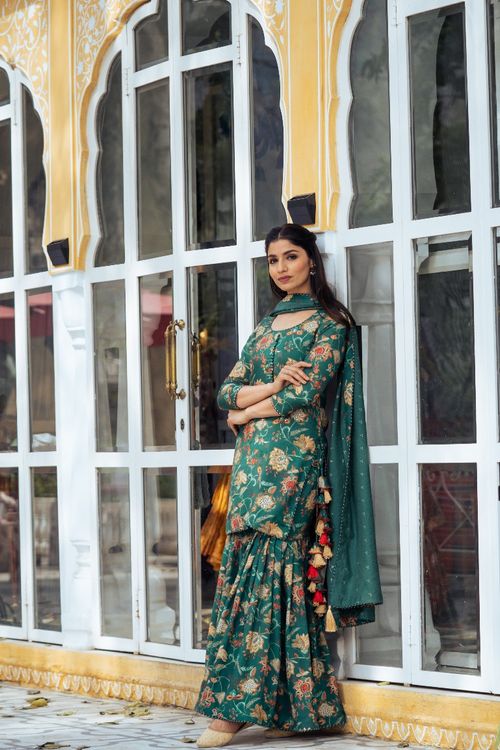 Green Printed Gharara Set