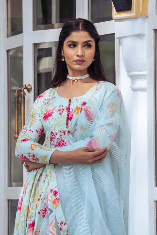 Turquoise Floral Anarkali Set