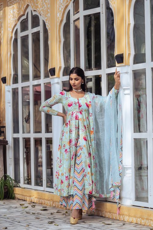Turquoise Floral Anarkali Set