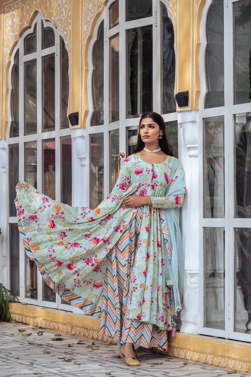 Turquoise Floral Anarkali Set