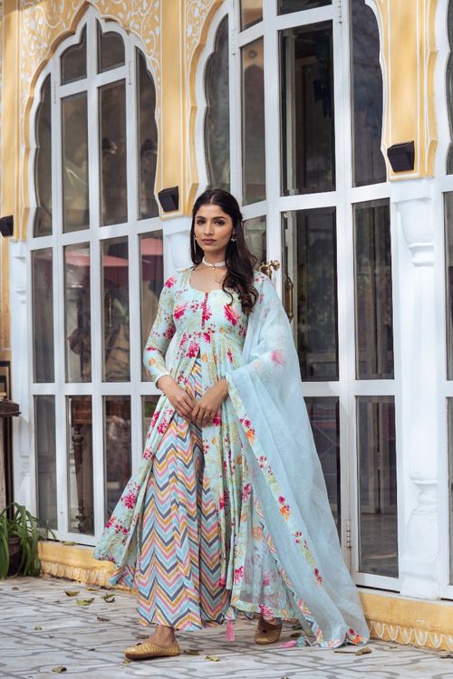 Turquoise Floral Anarkali Set