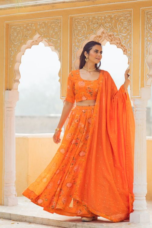 Orange Printed Lehenga Set