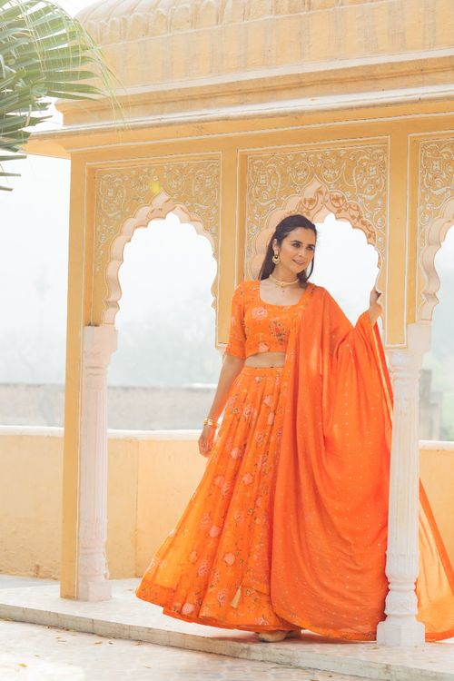 Orange Printed Lehenga Set