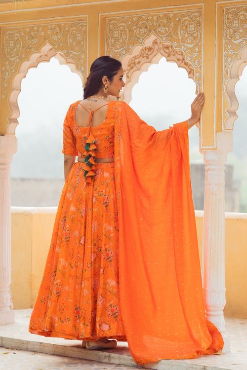 Orange Printed Lehenga Set
