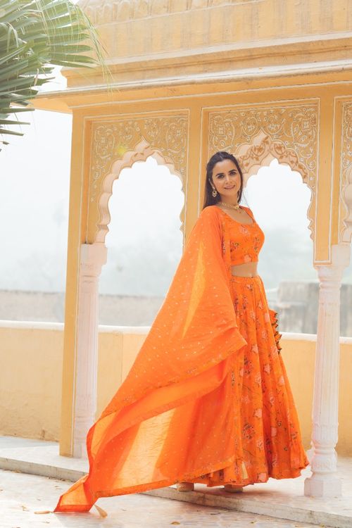 Orange Printed Lehenga Set