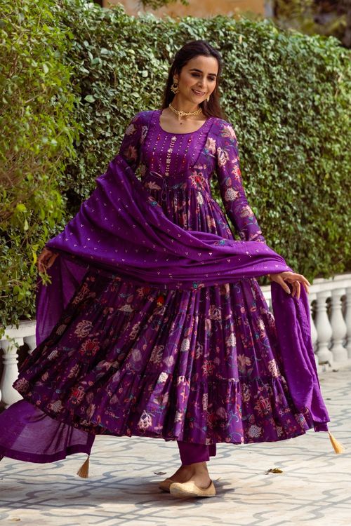 Purple Hand Paint Anarkali Set