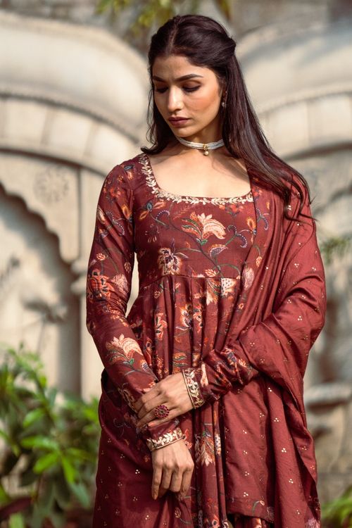 Gulmohar Brown Printed Anarkali Set