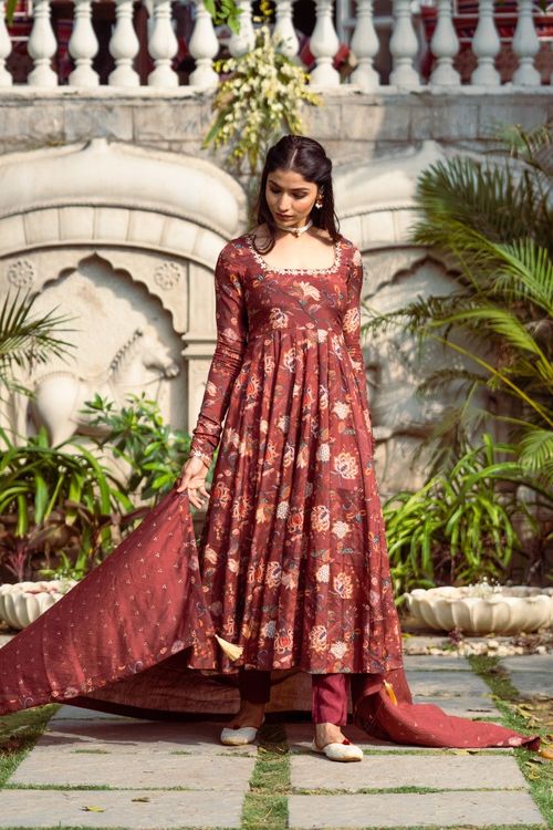 Gulmohar Brown Printed Anarkali Set