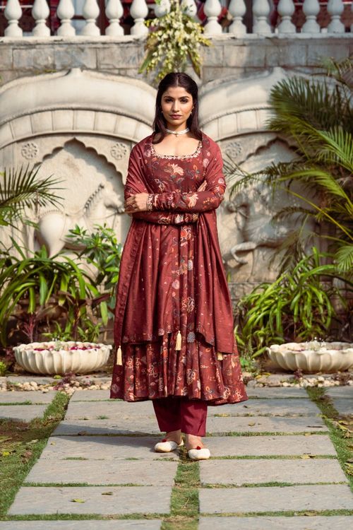 Gulmohar Brown Printed Anarkali Set
