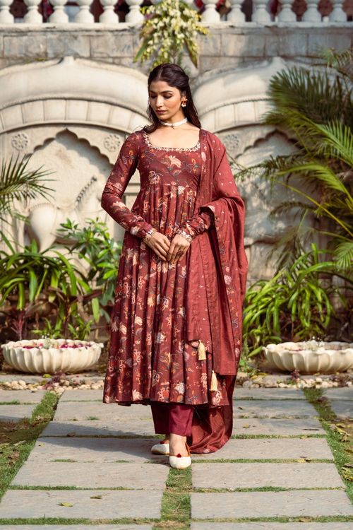 Gulmohar Brown Printed Anarkali Set