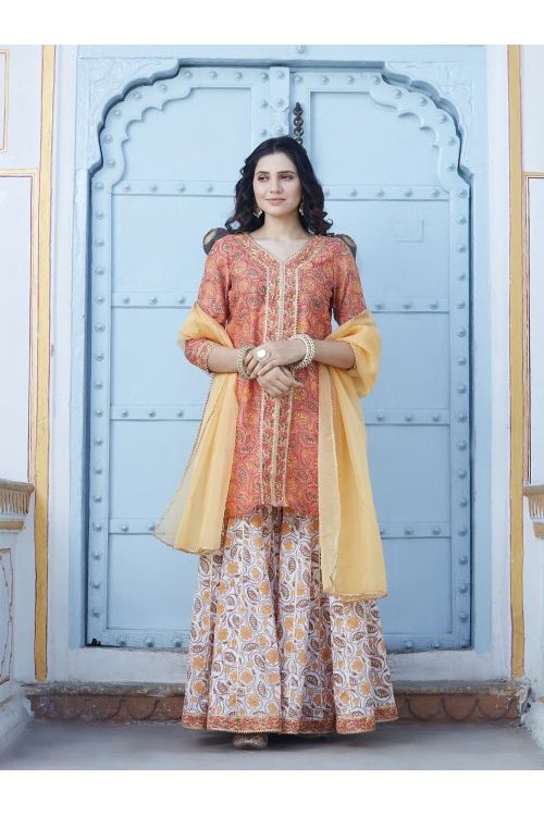 Peach Chanderi Gharara Set