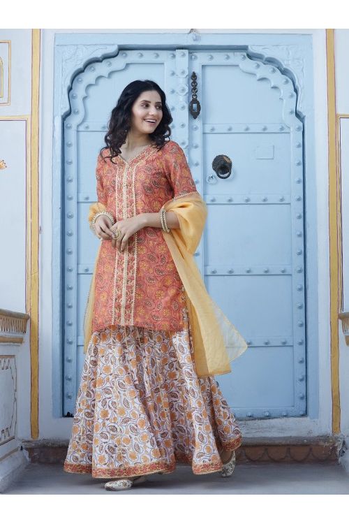 Peach Chanderi Gharara Set